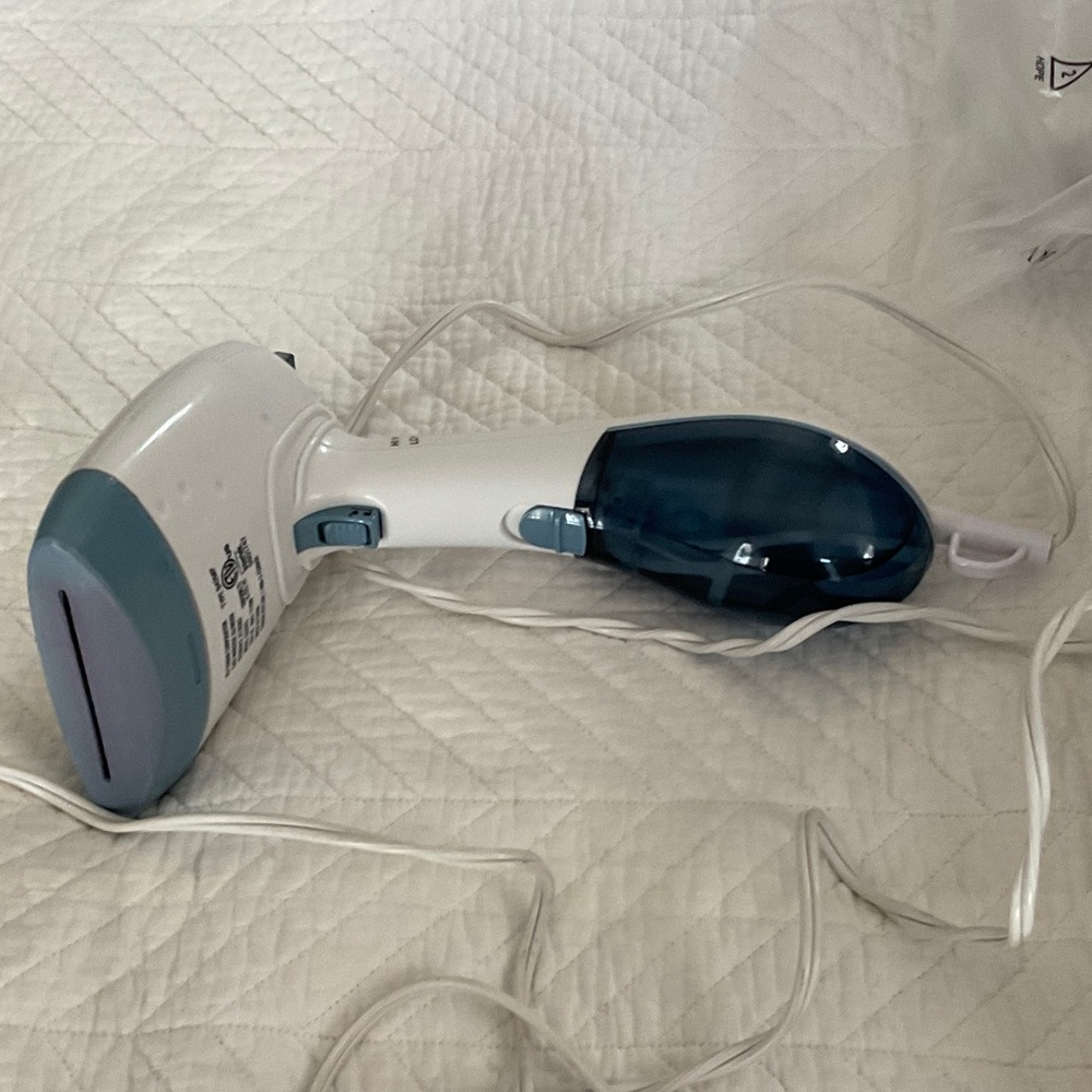 Compact White and Blue Garment Steamer